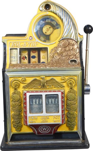 Rare 5 Cent Watling Slot Machine c1935 w/key -P-NR-: Very Rare 5 Cent Watling Rol-A-Top Coin Front Twin Jackpot Escalator Bell Slot Machine c1935 w/ key -P-NR- 25x29 Item Profile: GOV FILE: M-04038 Asset Type: Collectible Shipping: $299.95