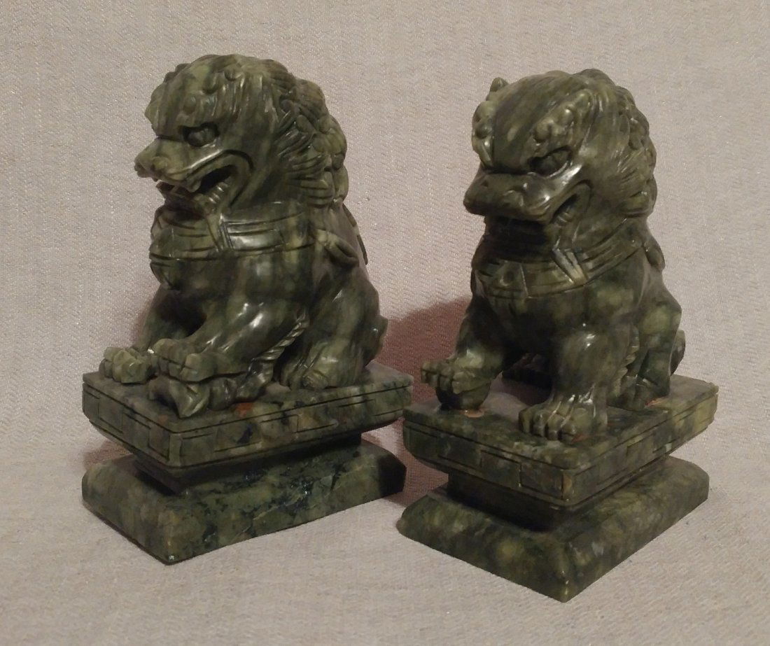 Chinese Foo Dogs Shi Shi Spinach Green Hard Stone (1 of 7)