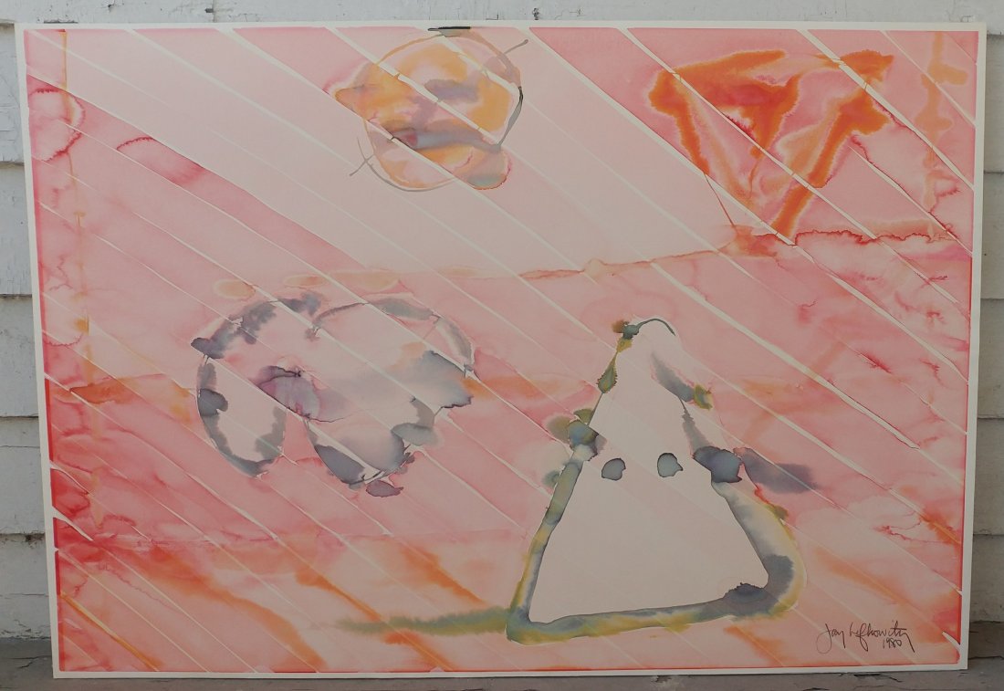 Jay Lefkowitz 1980 Abstract Watercolor Painting: Original watercolor painting by listed artist Jay Lefkowitz.Signed lower right corner and dated 1980.This is a very large piece, measuring 27 1/2 x 39 inches. The art has been mounted to foam board.