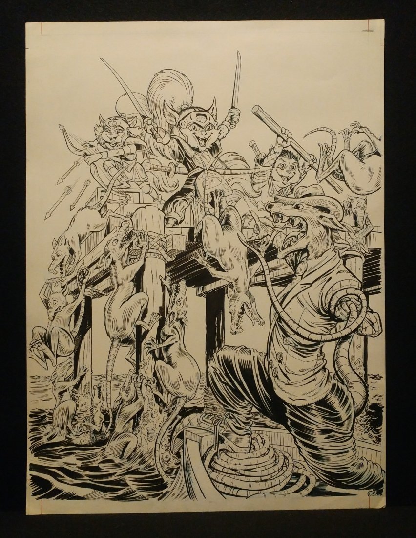 Samurai Pizza Cats Saban Promotional Art Will Meugniot: Original ink on bristol board of the Samurai Pizza Cats done for promotional backdrops used to promote the TV series in the USA. Has all 3 Samurai Cats with a large master rat boss. Incredible piece o