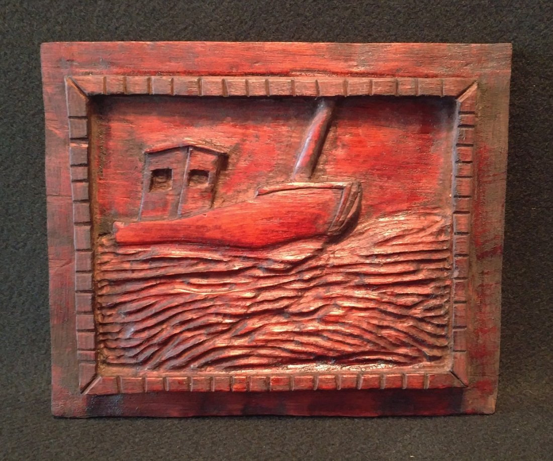 Wooden Sculpture Ship At Sea Folk Tramp Hobo Art 1940s: Unique hand carved sculpture wooden panel of a ship at sea. All carved from one single piece of wood. Has metal attachment on back for hanging, age appears to be from the 1940s. Size measures 7 1/2 x 