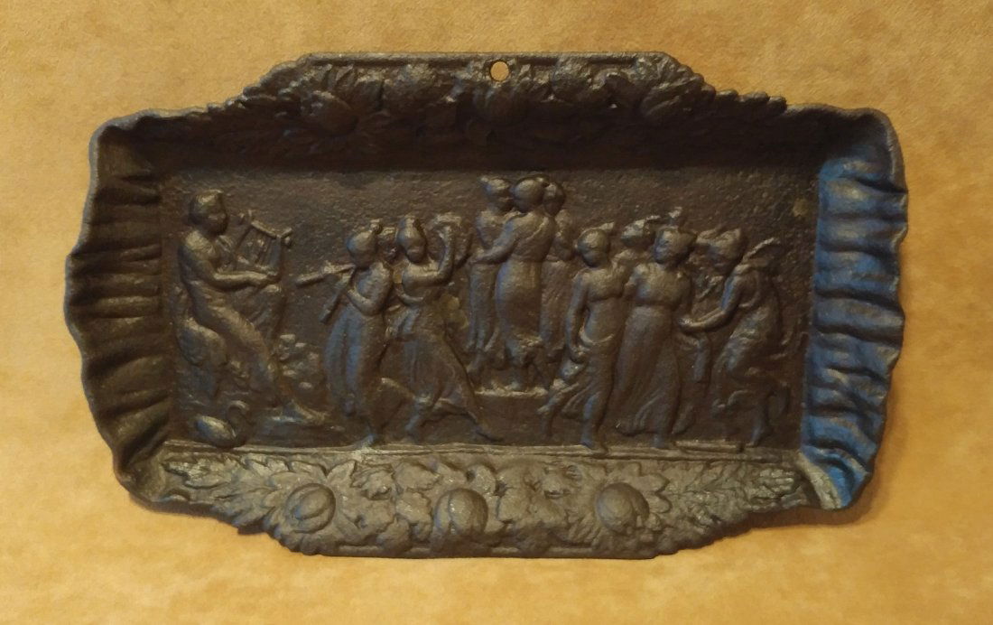 Antique Victorian Cast iron Metal Desk Trinket Tray Mus: Incredible antique Victorian era cast iron desk tray or trinket tray. Image has a man playing a lyre with a swan at his feet, two women playing flutes and some type of tambourine with groups of women
