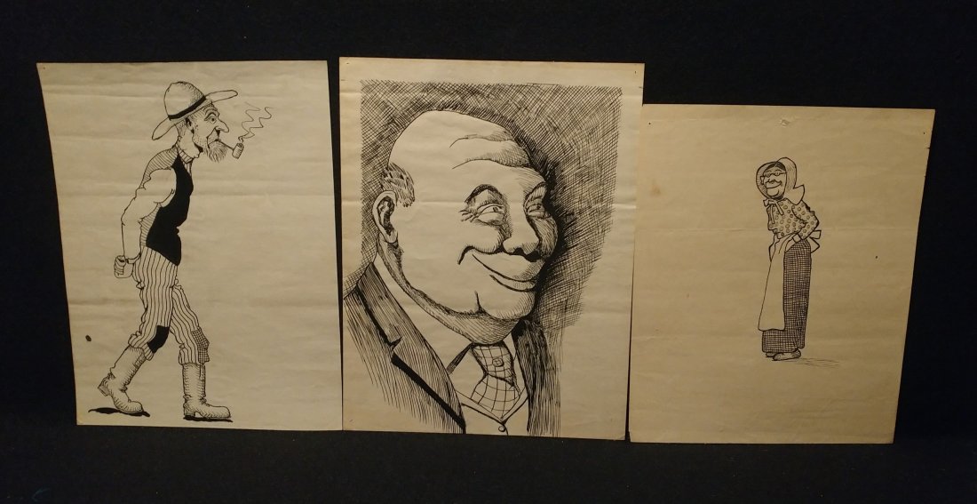 Lot of 3 1930s Original Ink Art Folk Cartoon Caricature (1 of 4)