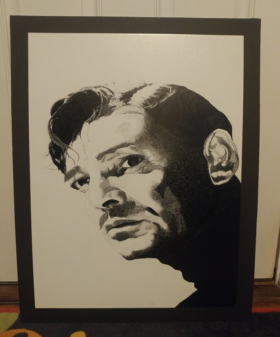 Clark Gable Original Illustration Art Cavanagh 3-89: Ink illustration art signed by Barbara J. Cavanagh dated 3-89.Nice pointillism illustration on art board, Art measures 19x25 inches, has been mounted to black board that measures 22x28 inches. Possibl