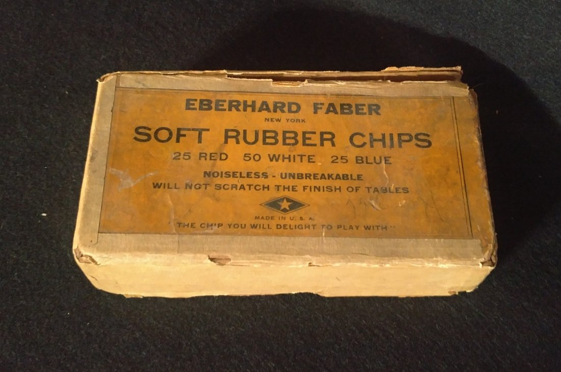 1930s Eberhard Faber Rubber Poker Chips In Box: Nice set of original 1930s or 40s poker chips in a rough original box. Missing one white chip. Chips measure 1 1/2 inches in diameter.
