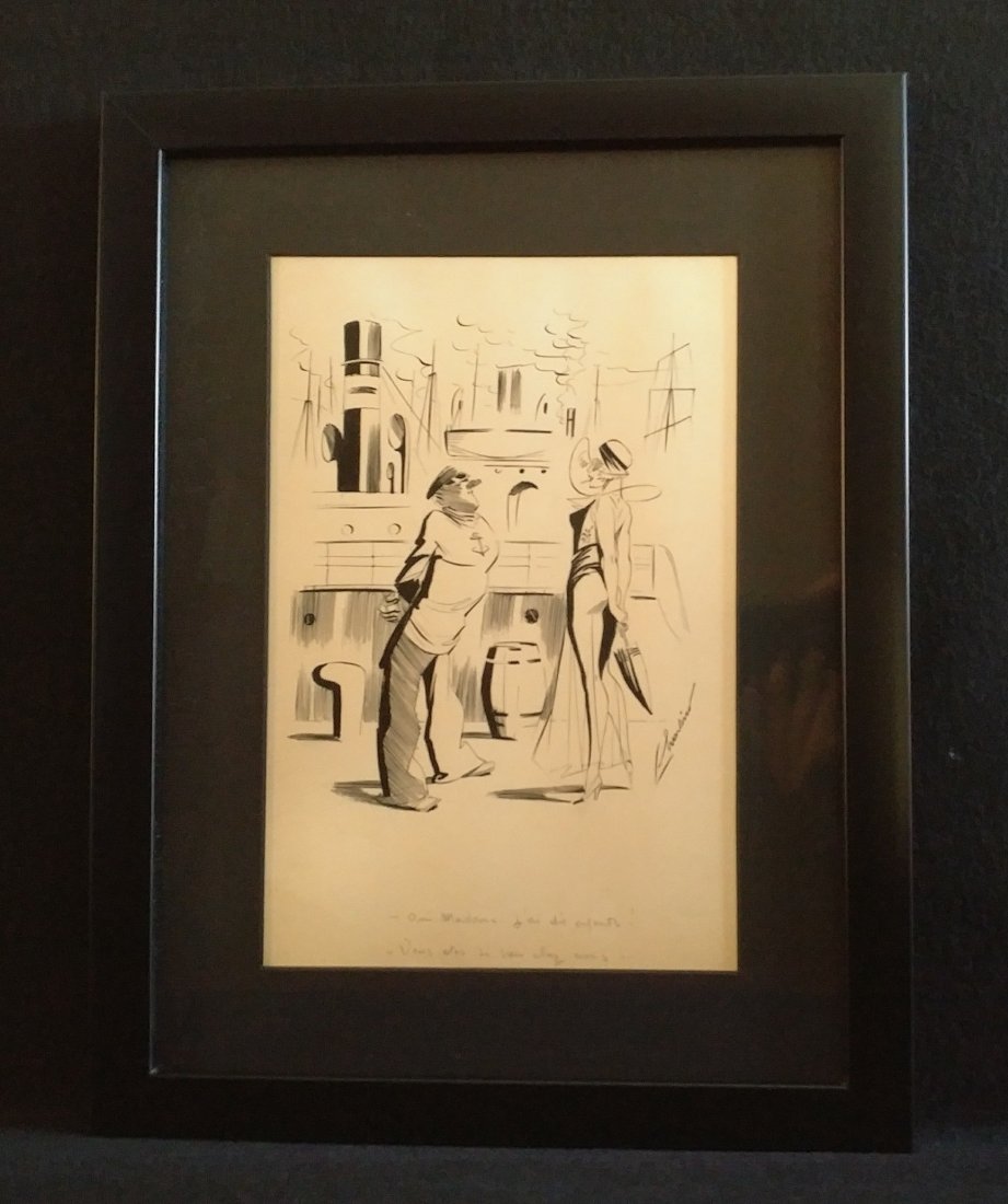 Charleno Carlo French Good Girl Illustration Art: Cartoon illustration art by French artist Charleno or Carlo 1900-1936. This piece is signed Charleno on the right hand side near the womans feet. Ink illustration has great detail with a hand written 