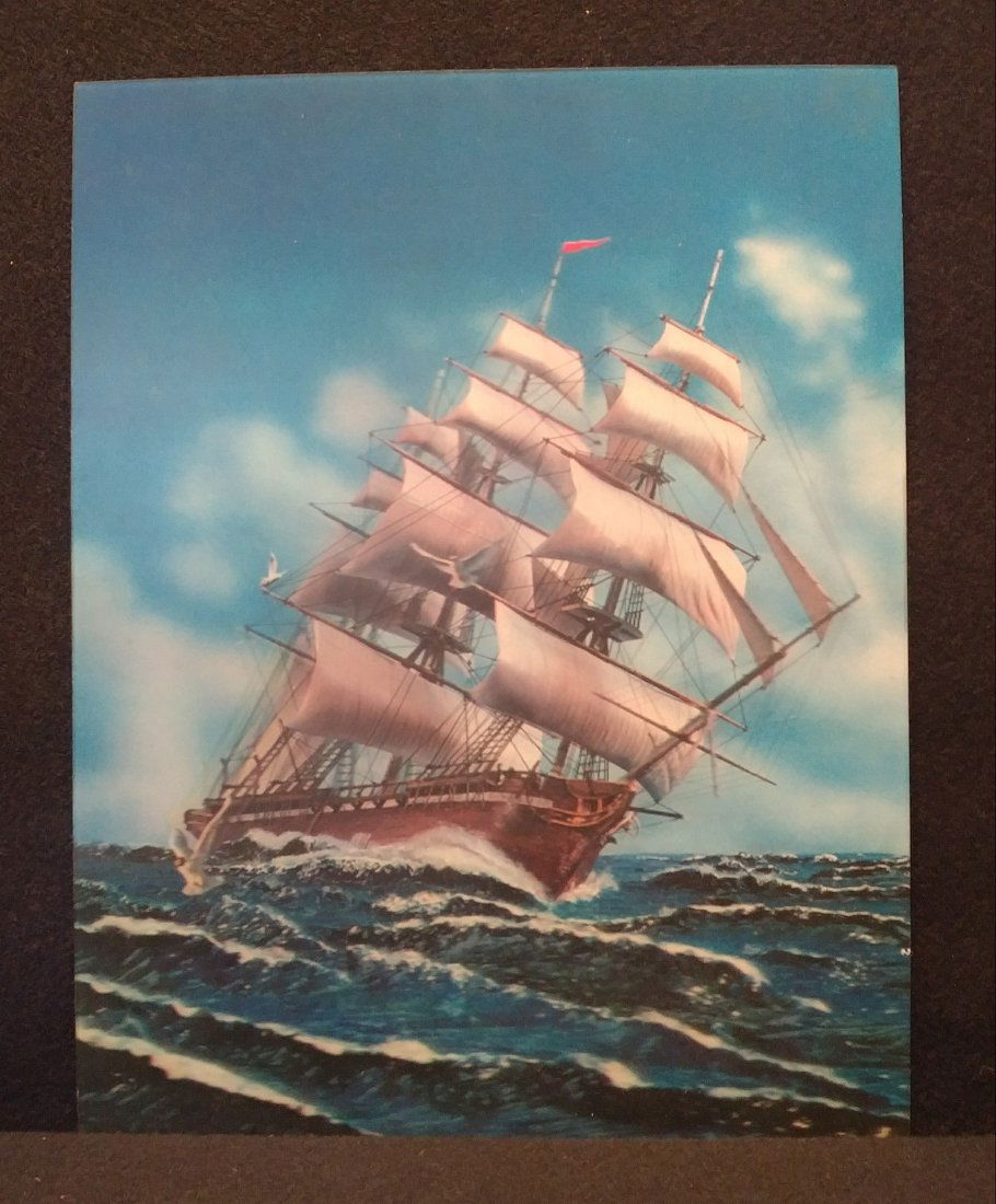 1960s Made In Japan Lenticular 3D Sailboat Large: Large size 10 1/2 x 13 1/2 inches, nice 3D image, marked on back Made In Japan. Some very light scuffs on surface, old tape marks on back as pictured.