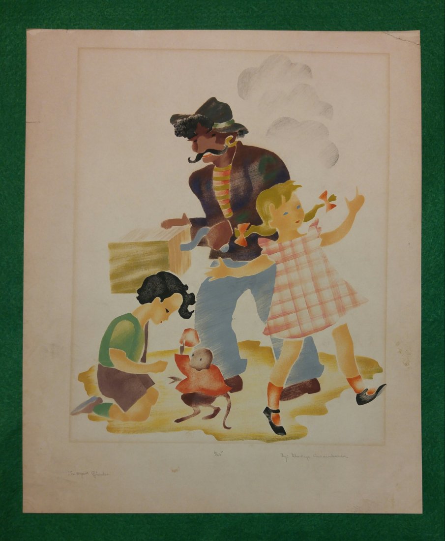 Gladys Carambella the Organ Grinder Signed Print 1939: Signed and numbered stencil print by Gladys Carambella.Size is 12 ½ x 15 ½ inches, there is some acid burn from an old matting and corner fold.Signed and numbered on the bottom number 6 out of 25.Gl