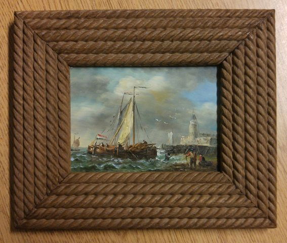 Oil Painting on Wood Panel of Netherlands fishing Boats: Oil painting on wooden panel Measures 6 ½ x 4 ¾ inches; frame is carved with a beautiful rope detail and measures 11 ½ x 9 ½ inches. There are some slight areas of paint loss but overall it is in