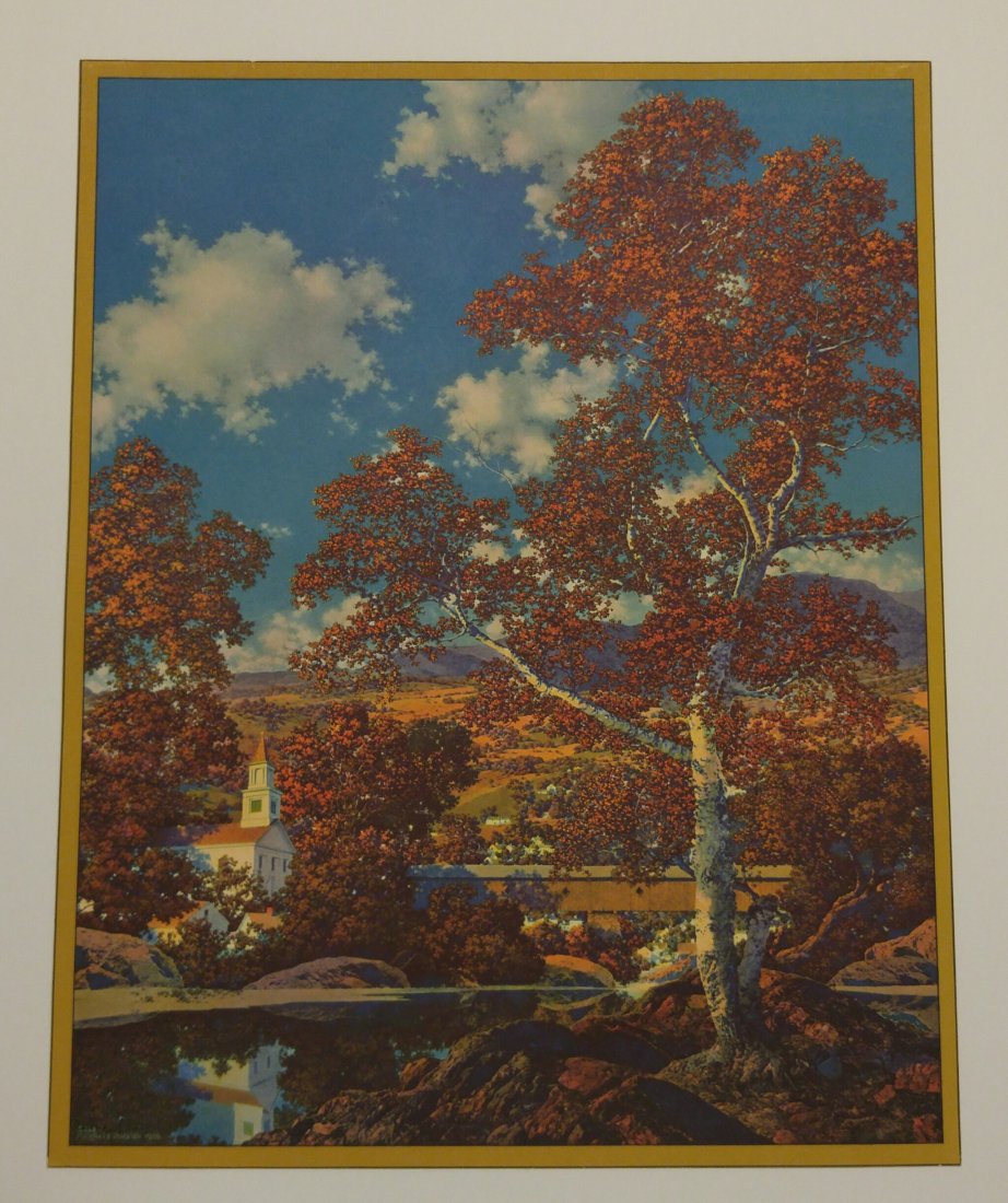 Maxfield Parrish Early Autumn Signed Large Print 1936: Maxfield Parrish print Early Autumn, full signature lower left corner in ink above printed signature. Print measures 13 1/2 x 17 inches.