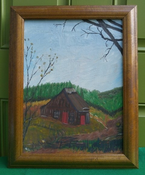 Country Barn Folk Tramp Art Acrylic on Canvas Board: Folk tramp art, unsigned, undated. Art measures 12 x 16 inches, frame measures 15 1/2 x 19 1/2 inches.