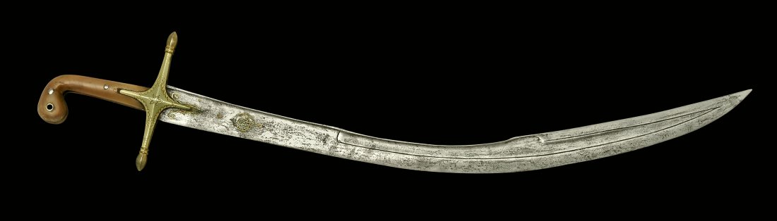 OTTOMAN SABER SWORD PALA 18-19th C.: Origin: Ottoman Empire.A nice example of Ottoman pala saber with gold inlaid blade. Dating to 18th-19th century. Length - 81,8 cm. In the late 18th century, though shamshirs continued to be used, the 