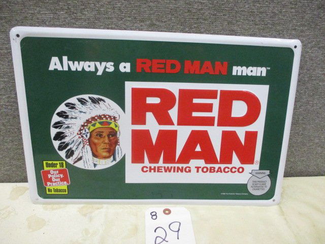 STAMPED ALUMINUM RED MAN SIGN: 17.75”W X 11.75”T