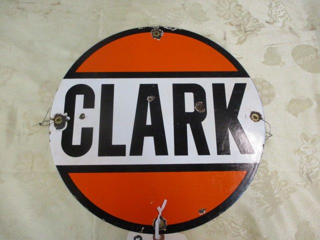 PORCELAIN CLARK GASOLINE PUMP PLATE: 11.75â€™D