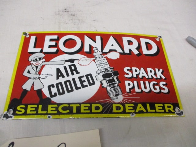 Porcelain Leonard Spark Plugs Sign: 10"w x 6"t