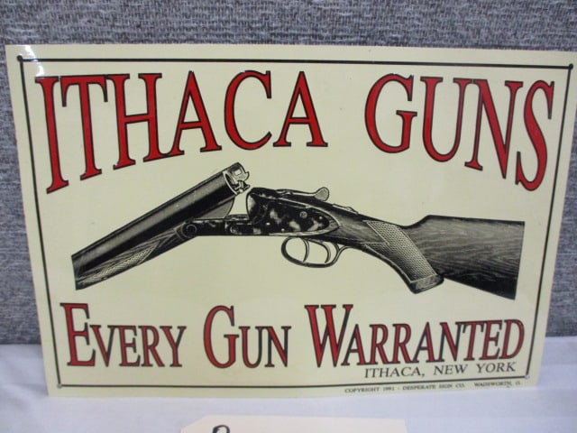 Stamped Tin Ithaca Guns Sign: 11.25"w x 7.5"t