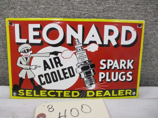 Porcelain Leonard Spark Plugs Sign: 10"w x 6"t