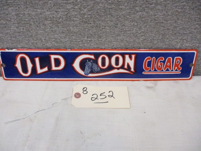 Porcelain Old Coon Cigar Sign: 18"w x 3"t