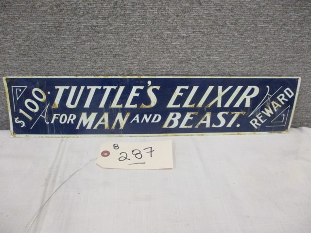 Stamped Tin Tuttle's Elixir Sign: 19.5"w x 4.5"t