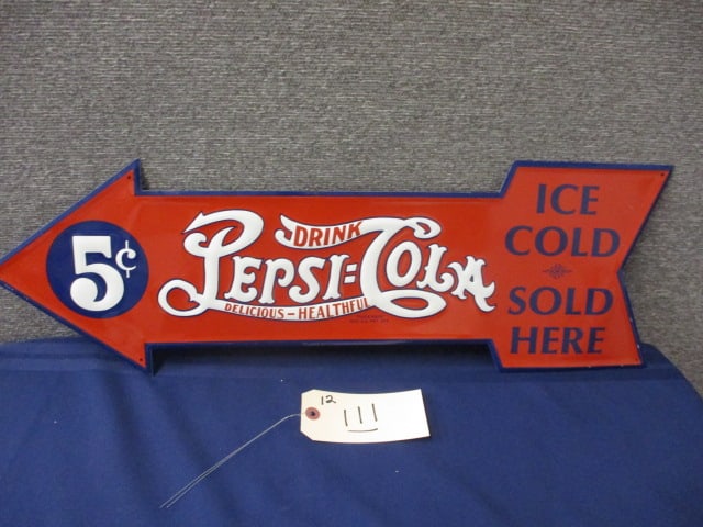 Stamped Tin Pepsi Cola Arrow Sign: 27"W x 8.75"T