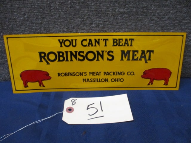 Stamped Tin Robinson's Meat Sign: 13.5"W x 4.75"T