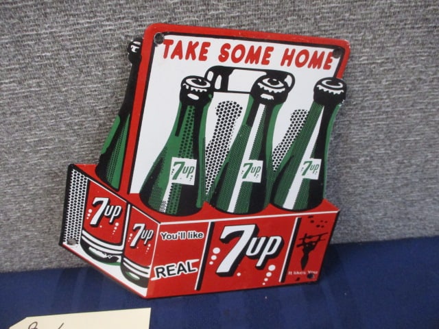 Porcelain 7-UP 6-pk Sign: 9"W x 9"T
