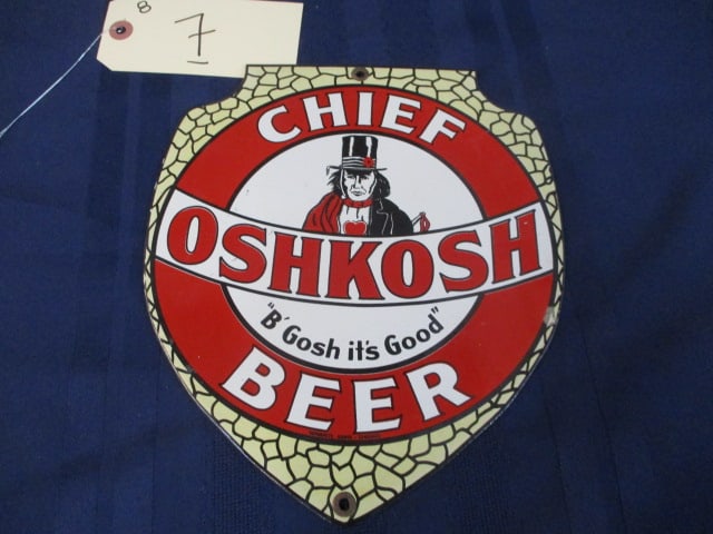 Porcelain Chief Osh Kosh Beer Sign: 8.75"W x 10"T