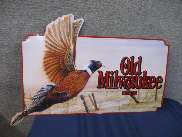 Stamped Aluminum Old Milwaukee Pheasant Sign: 29"W x 20"T