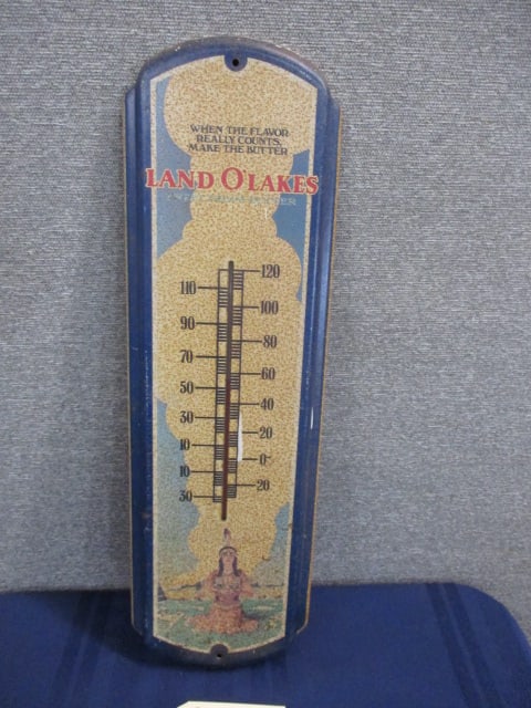 Tin Land-O-Lakes Thermometor: 8.25"W x 27"T