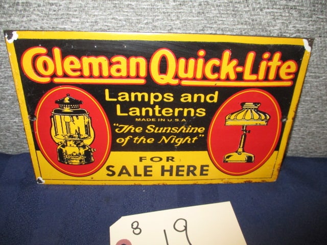 Porcelain Coleman Quick-Lite Lantern Sign: 10"W x 6"T