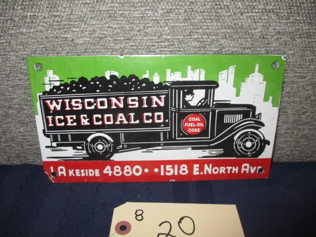 Porcelain Wisconsin Ice and Coal Sign: 9.5"W x 5.25"T