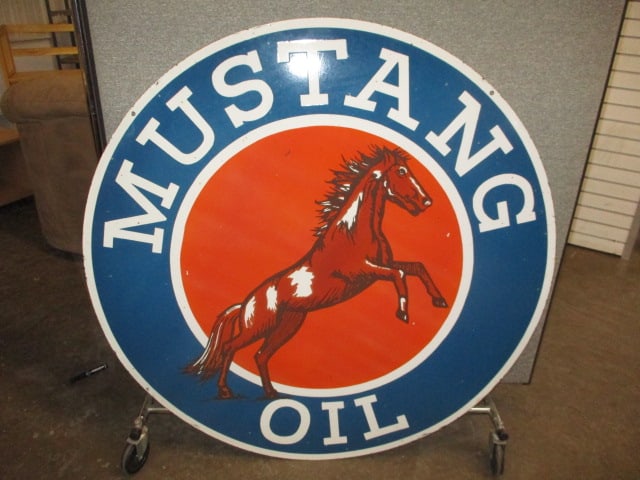 Porcelain 2-sided Mustang Oil Sign: *PICK UP ONLY* 48"W x 48"T