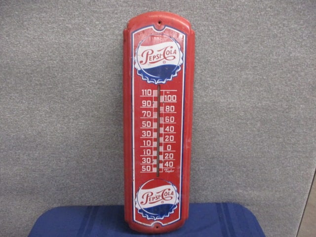 Tin Pepsi-Cola Thermometer: 8"W x 27"T