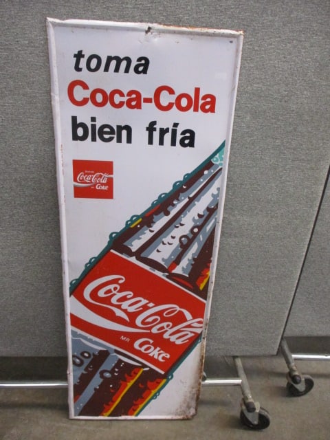 60's 70's Spanish Tin Coca-Cola Sign: *PICK UP ONLY* 17"W x 47"T