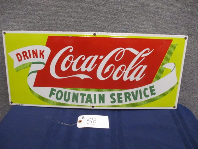 Porcelain Coca-Cola Fountain Service Sign: 28"W x 12"T