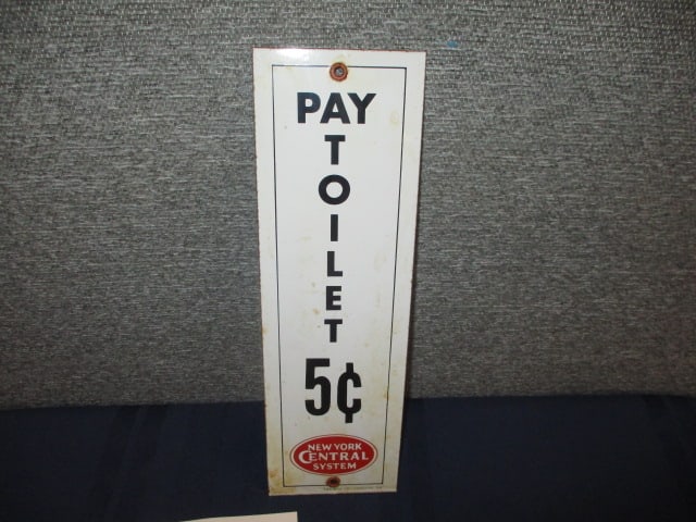 Porcelain New York Central Pay Toilet Sign: 4"W x 13"T