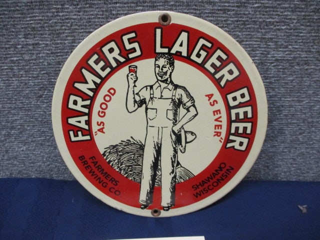 Porcelain Farmers Lager Beer Sign: 8"W x 8"T