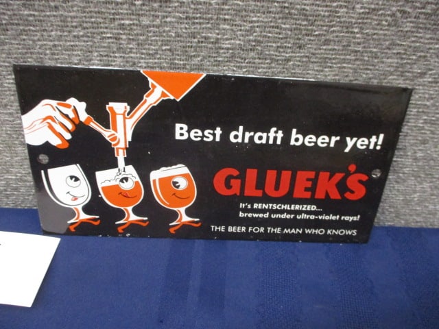 Porcelain Gluek's Draft Beer Sign: 10"W x 5"T