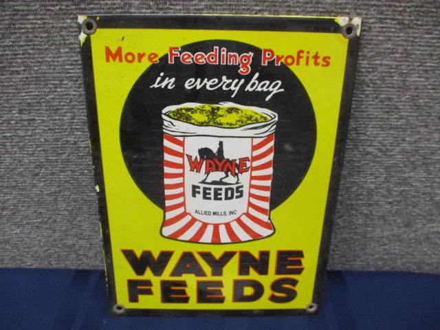 Porcelain Wayne Feeds Sign: 7.5"W x 10"T