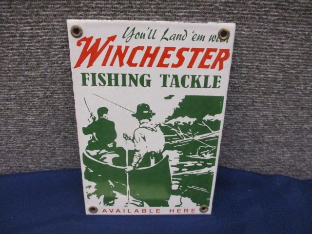 Porcelain Winchester Fishing Tackle Sign: 5.5"W x 8"T