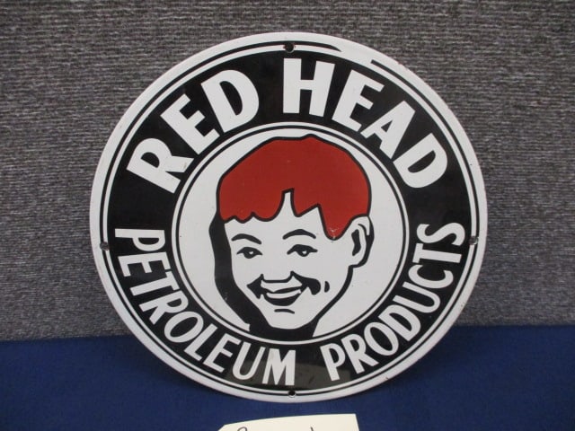 Porcelain Red Head Petroleum Sign: 11.75"W x 11.75"T