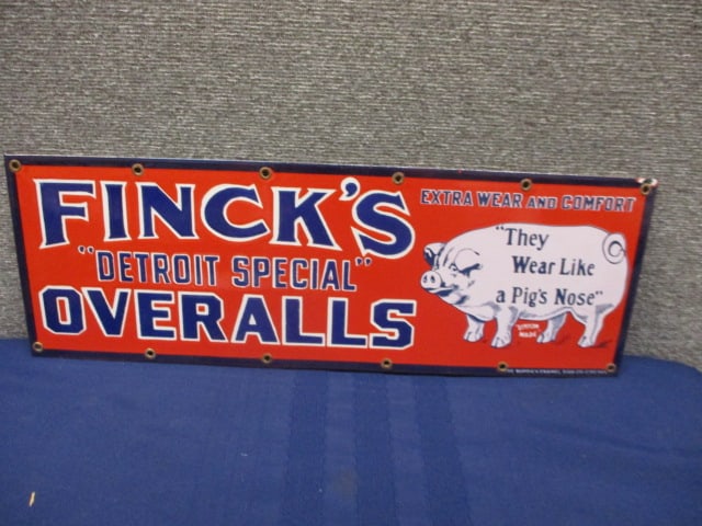 Porcelain Fincks Overalls Sign: 22"W x 7.5"T