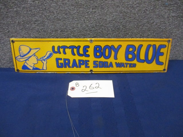 Porcelain Little Boy Blue Grape Soda Sign: 18"W x 4"T