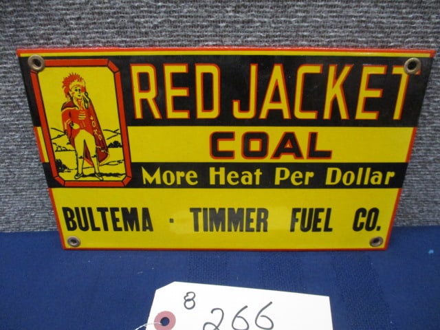 Porcelain Red Jacket Coal Sign: 10"W x 6"T