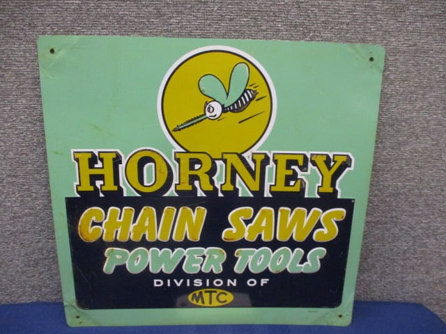 Stamped Tin Horney Chain Saws Sign: 16.75"W x 16"T