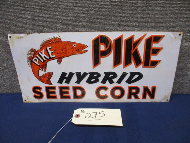 Stamped Tin Pike Seed Corn Sign: 16"W x 7.5"T