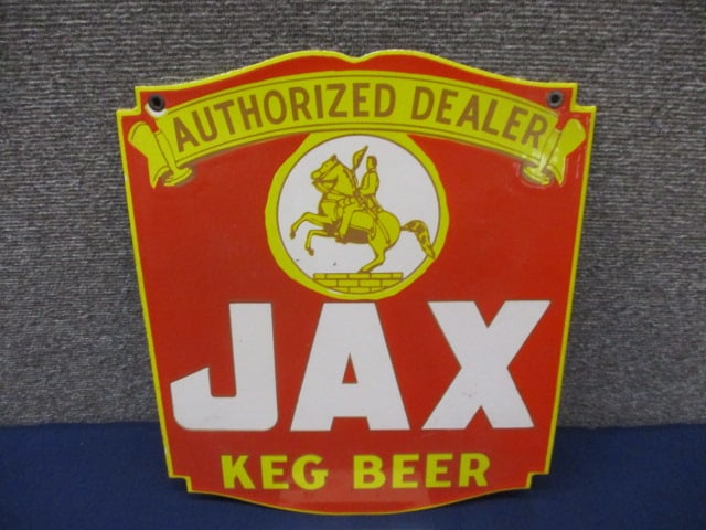 Porcelain Jax Keg Beer Sign: 11"W x 13"T