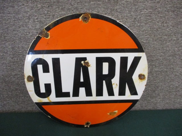 Porcelain Clark Gasoline Pump Plaque: 11.75"w x 11.75"t