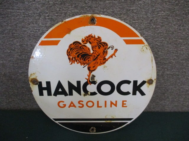 Porcelain Hancock Gasoline Pump Plaque: 11.75"w x 11.75"t