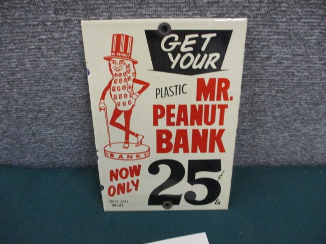 Porcelain Mr. Peanut Bank Sign: 5"W x 7.25"T
